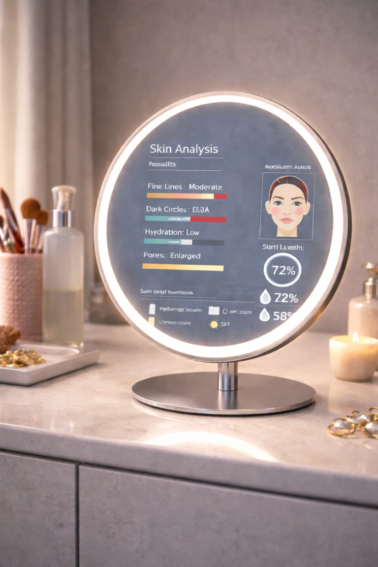 ClairIA Mini Be Me, miroir connecté sur pied posé sur une coiffeuse