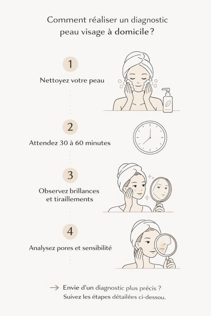Infographie indiquant comment réaliser un diagnostic de peau à domicile