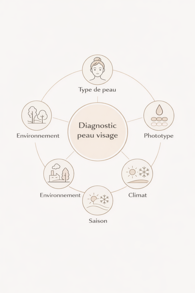 Infographie diagnostique de peau, les différents facteurs à prendre en compte.