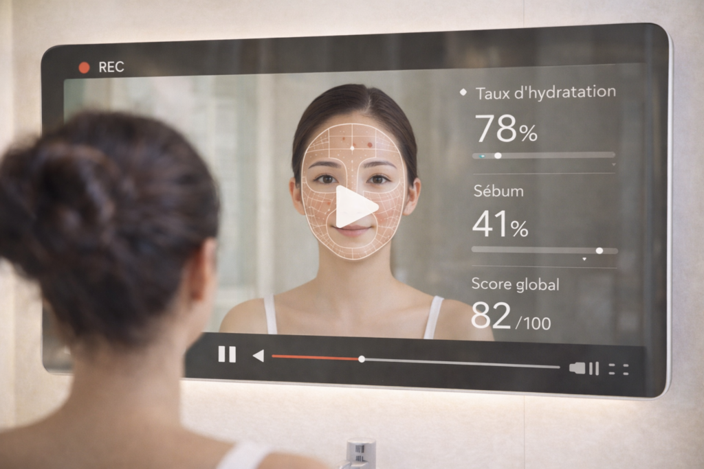 vidéo de démonstration du diagnostique de peau sur le miroir ClairIA de salle de bain